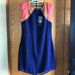 NWT London Dress Company Navy/coral Dress with Metallic details